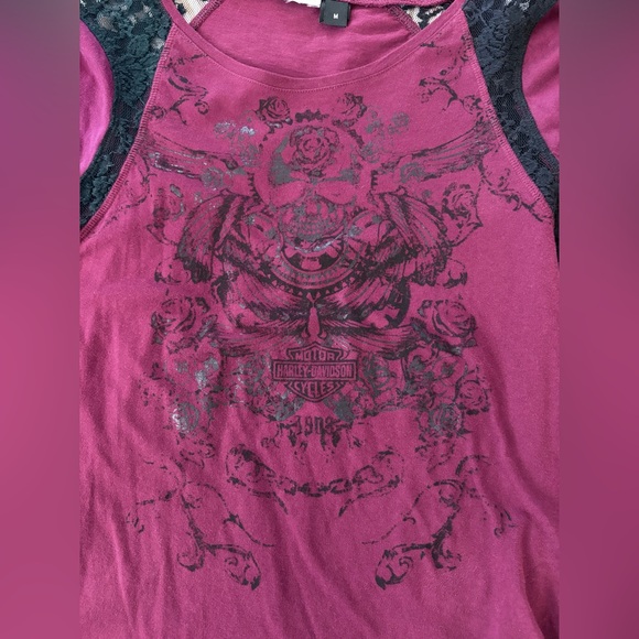 Women's Burgundy Harley Davidson Vintage Long Sleeve Top with Black Lace Detail - Picture 3 of 6